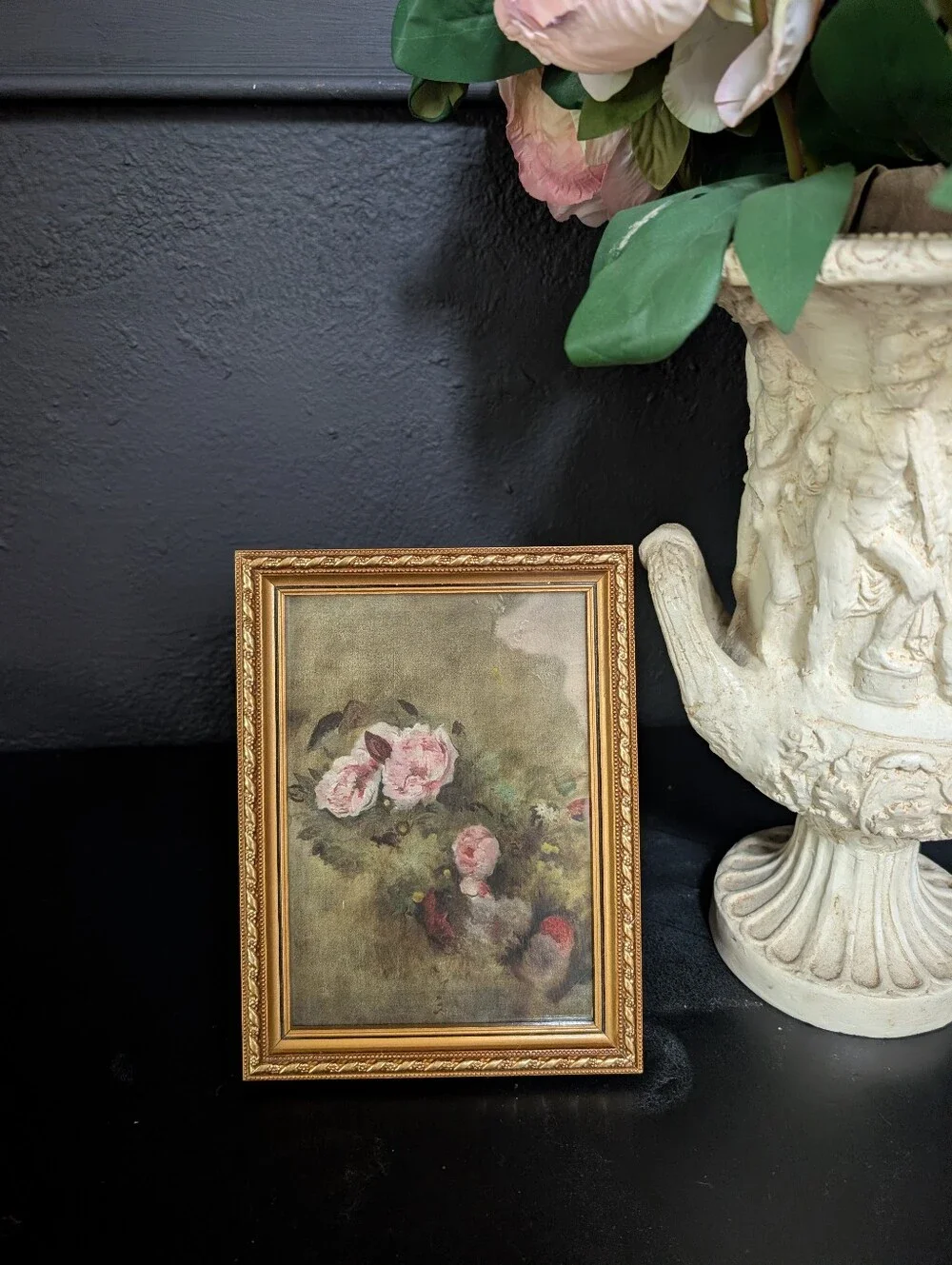 Vintage Gold Ornate wood tabletop wall frame w/ VTG style Still Floral Print 8